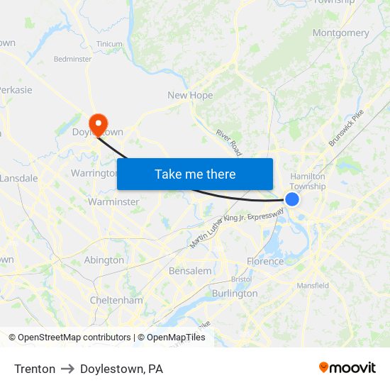 Trenton to Doylestown, PA map