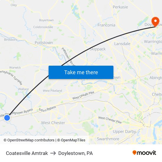 Coatesville Amtrak to Doylestown, PA map