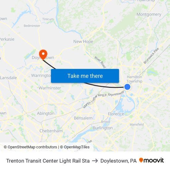 Trenton Transit Center Light Rail Sta to Doylestown, PA map