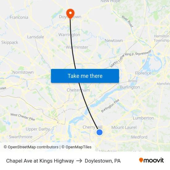 Chapel Ave at Kings Highway to Doylestown, PA map