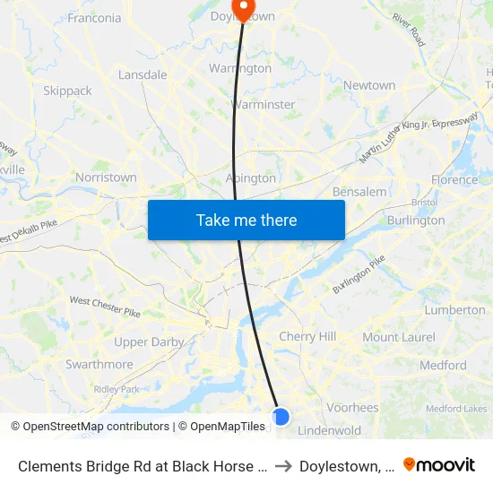 Clements Bridge Rd at Black Horse Pike to Doylestown, PA map