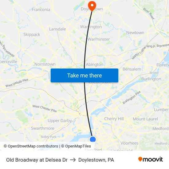 Old Broadway at Delsea Dr to Doylestown, PA map