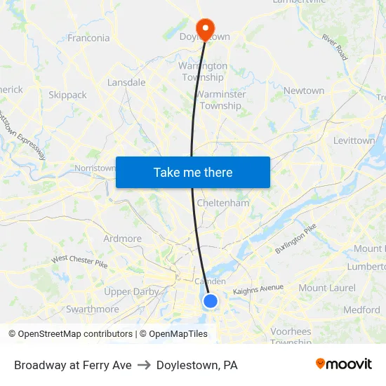 Broadway at Ferry Ave to Doylestown, PA map