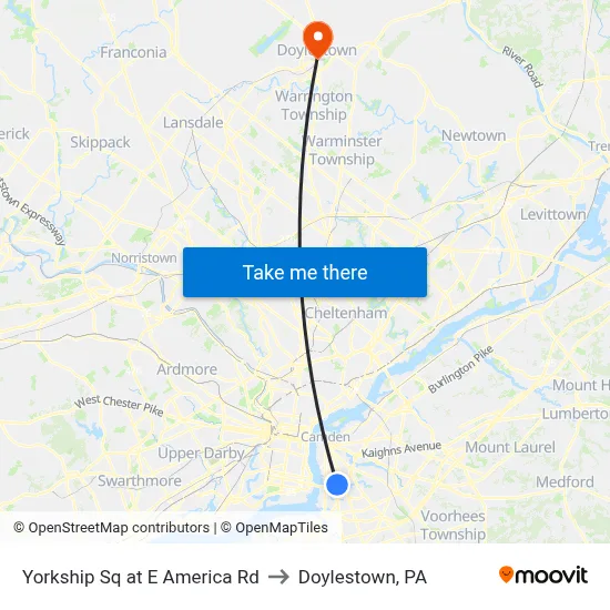 Yorkship Sq at E America Rd to Doylestown, PA map