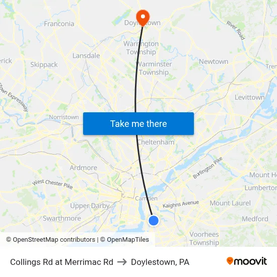 Collings Rd at Merrimac Rd to Doylestown, PA map