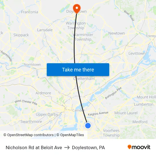 Nicholson Rd at Beloit Ave to Doylestown, PA map