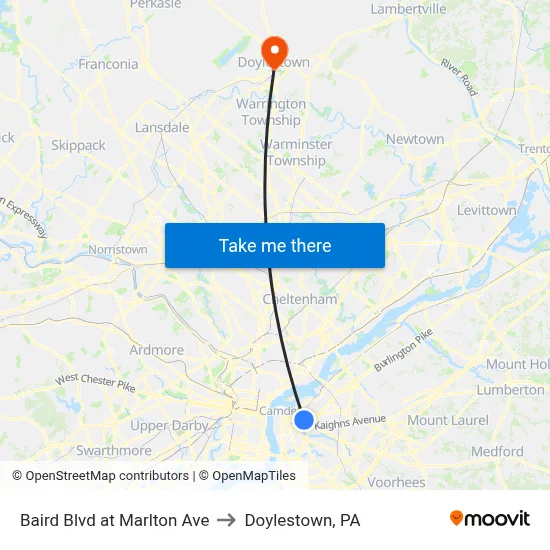 Baird Blvd at Marlton Ave to Doylestown, PA map