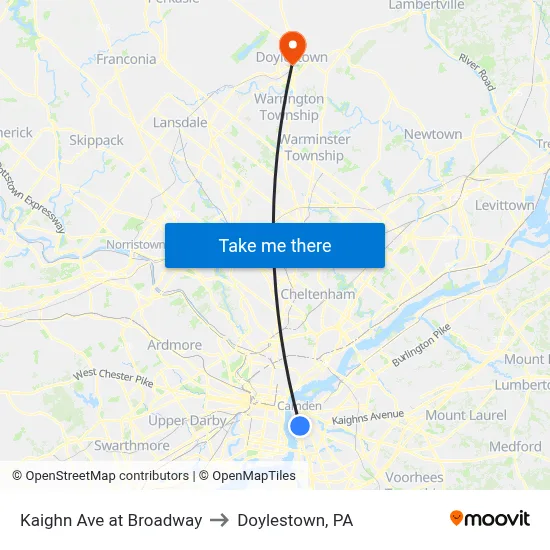 Kaighn Ave at Broadway to Doylestown, PA map