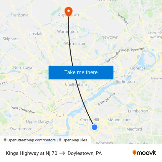 Kings Highway at Nj 70 to Doylestown, PA map