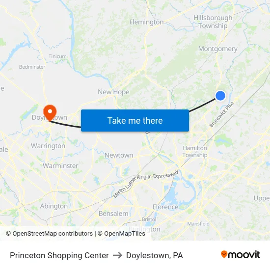 Princeton Shopping Center to Doylestown, PA map