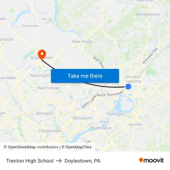 Trenton High School to Doylestown, PA map