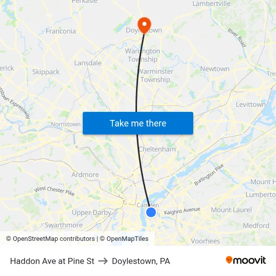 Haddon Ave at Pine St to Doylestown, PA map