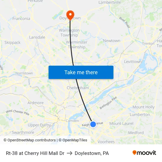 Rt-38 at Cherry Hill Mall Dr to Doylestown, PA map