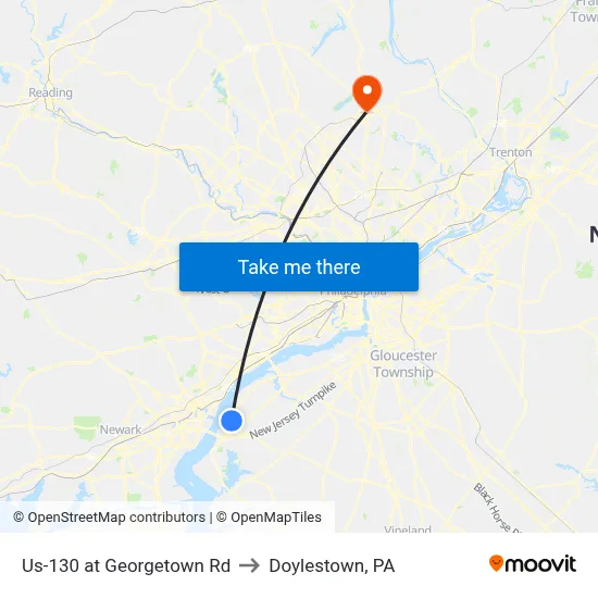 Us-130 at Georgetown Rd to Doylestown, PA map