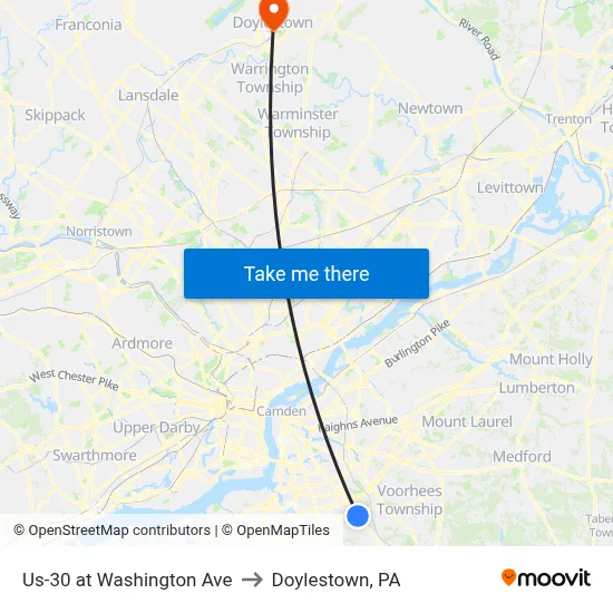 Us-30 at Washington Ave to Doylestown, PA map