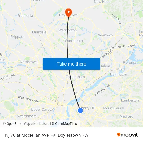 Nj 70 at Mcclellan Ave to Doylestown, PA map