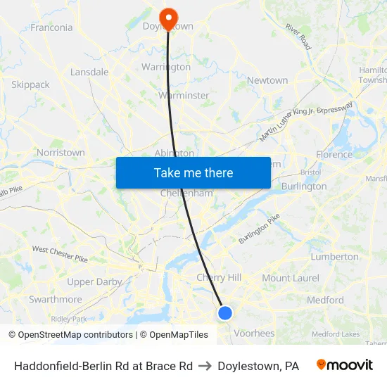 Haddonfield-Berlin Rd at Brace Rd to Doylestown, PA map