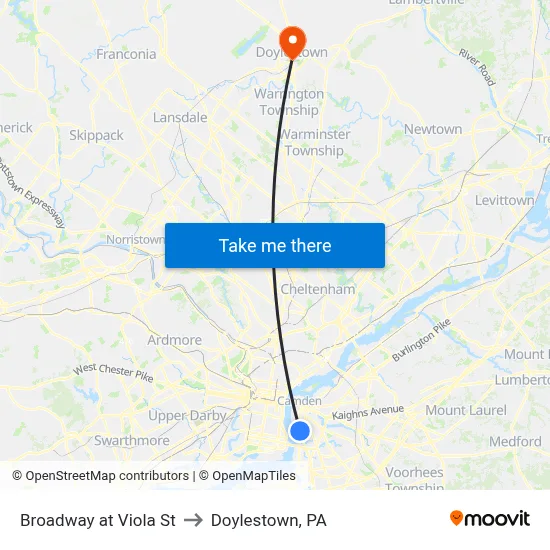 Broadway at Viola St to Doylestown, PA map