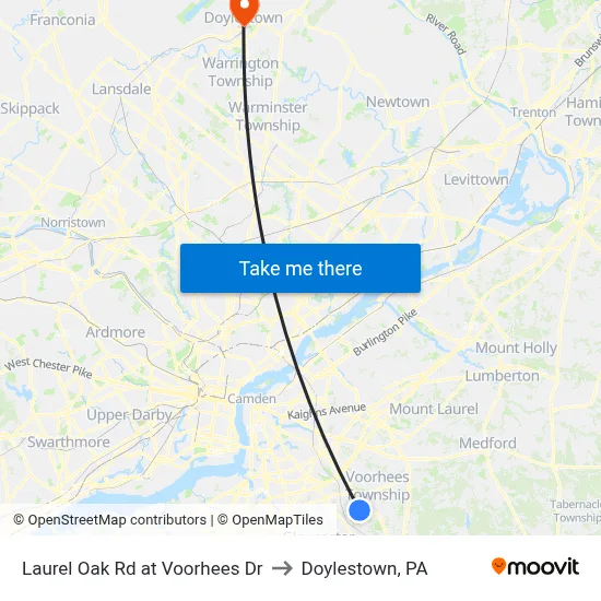 Laurel Oak Rd at Voorhees Dr to Doylestown, PA map