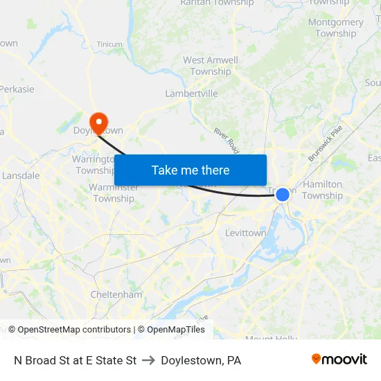 N Broad St at E State St to Doylestown, PA map