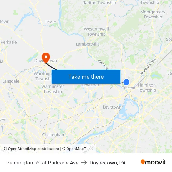 Pennington Rd at Parkside Ave to Doylestown, PA map