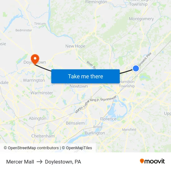 Mercer Mall to Doylestown, PA map