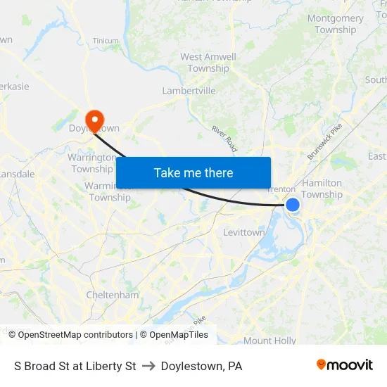 S Broad St at Liberty St to Doylestown, PA map