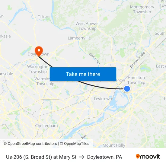 Us-206 (S. Broad St) at Mary St to Doylestown, PA map