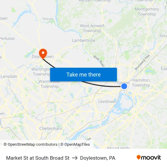 Market St at South Broad St to Doylestown, PA map
