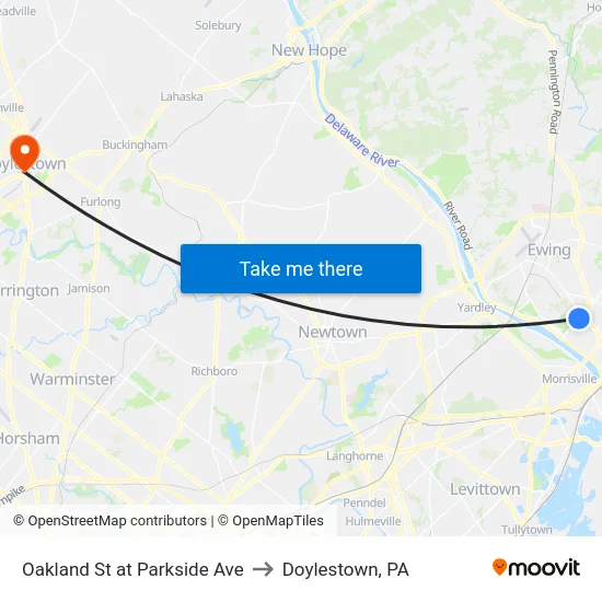 Oakland St at Parkside Ave to Doylestown, PA map