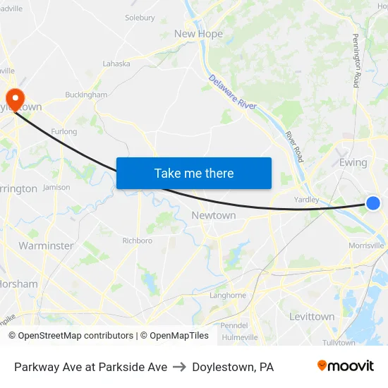 Parkway Ave at Parkside Ave to Doylestown, PA map