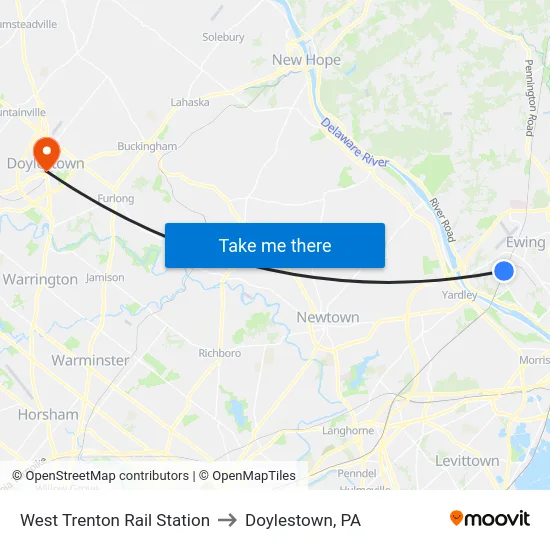 West Trenton Rail Station to Doylestown, PA map