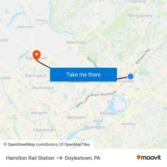 Hamilton Rail Station to Doylestown, PA map