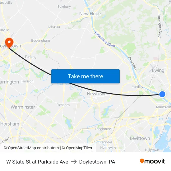 W State St at Parkside Ave to Doylestown, PA map