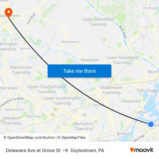 Delaware Ave at Grove St to Doylestown, PA map