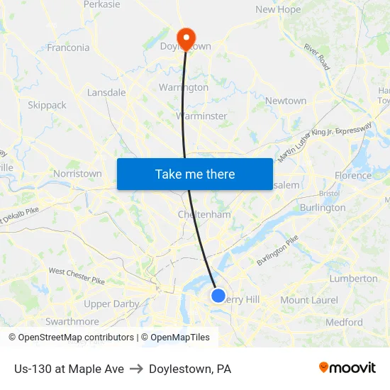 Us-130 at Maple Ave to Doylestown, PA map