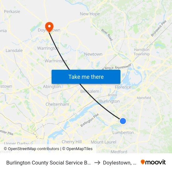 Burlington County Social Service Bldg to Doylestown, PA map