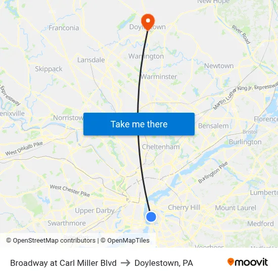 Broadway at Carl Miller Blvd to Doylestown, PA map