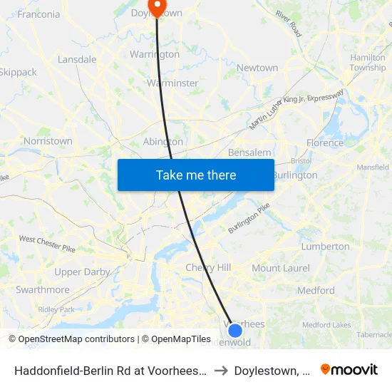 Haddonfield-Berlin Rd at Voorhees Dr to Doylestown, PA map