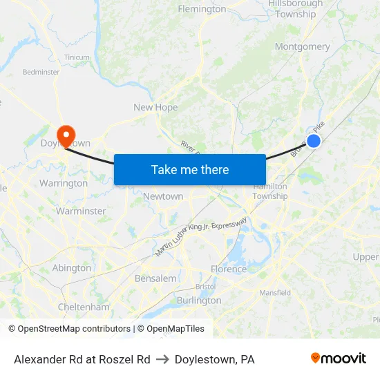Alexander Rd at Roszel Rd to Doylestown, PA map