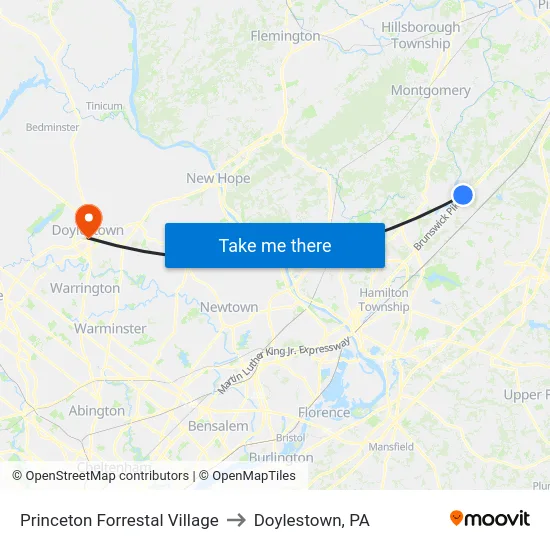 Princeton Forrestal Village to Doylestown, PA map