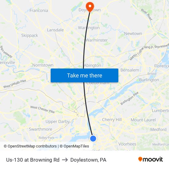 Us-130 at Browning Rd to Doylestown, PA map