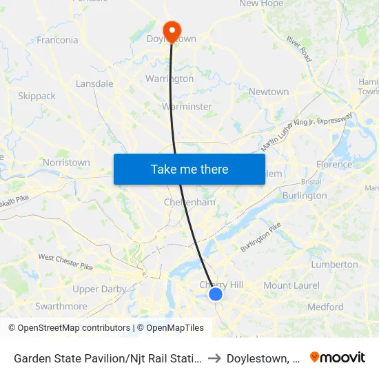 Garden State Pavilion/Njt Rail Station to Doylestown, PA map