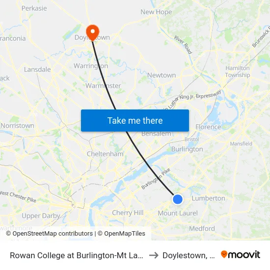 Rowan College at Burlington-Mt Laurel to Doylestown, PA map