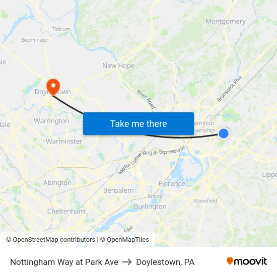 Nottingham Way at Park Ave to Doylestown, PA map