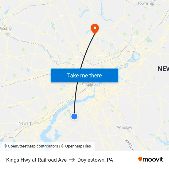 Kings Hwy at Railroad Ave to Doylestown, PA map