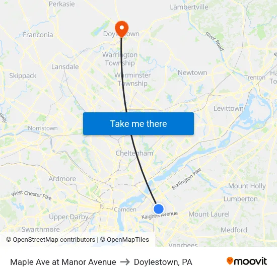 Maple Ave at Manor Avenue to Doylestown, PA map