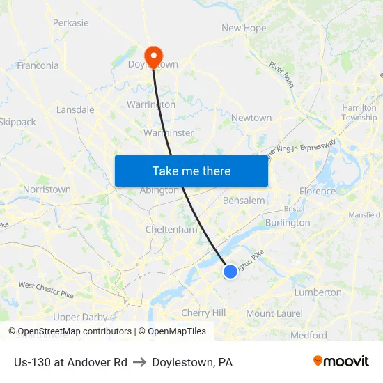 Us-130 at Andover Rd to Doylestown, PA map