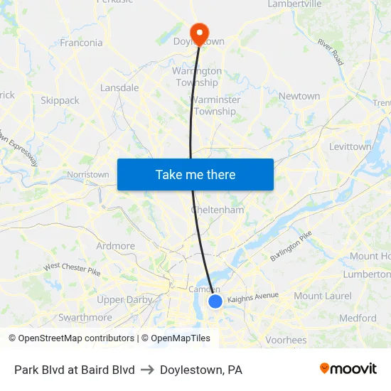 Park Blvd at Baird Blvd to Doylestown, PA map