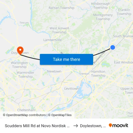 Scudders Mill Rd at Novo Nordisk Way to Doylestown, PA map